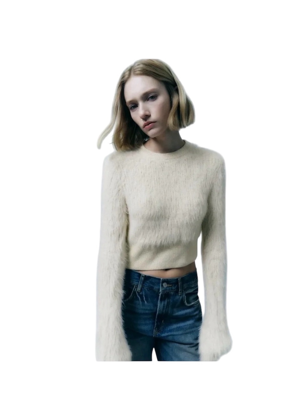 Zara Fuzzy Faux Fur Cable Knit Crop Sweater Cream Crewneck Size Medium